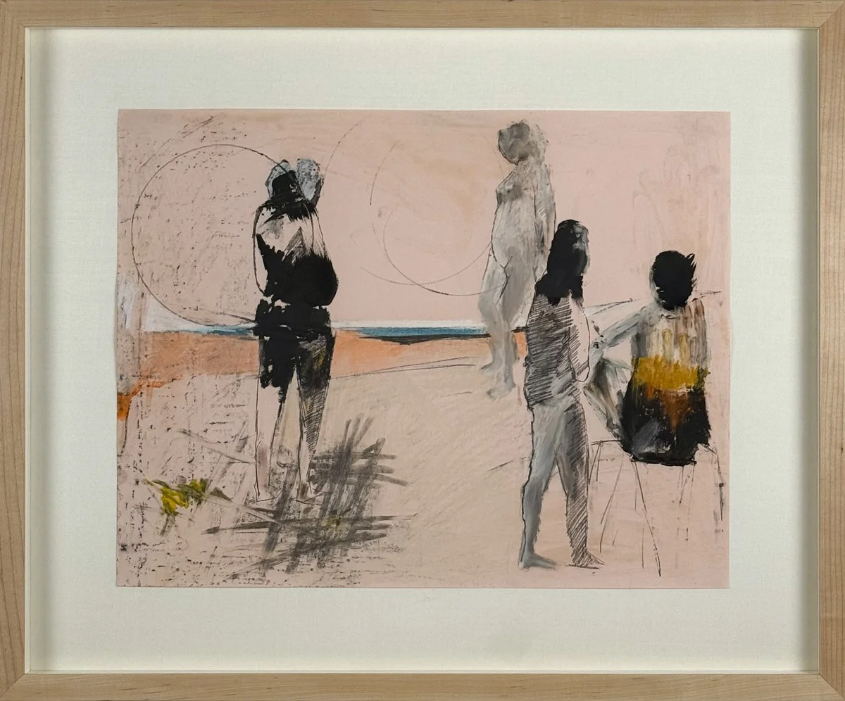 Stanley Boxer Untitled Figure Study (28D-59) abstract figure study of women on a beach in mixed media on pale pink paper