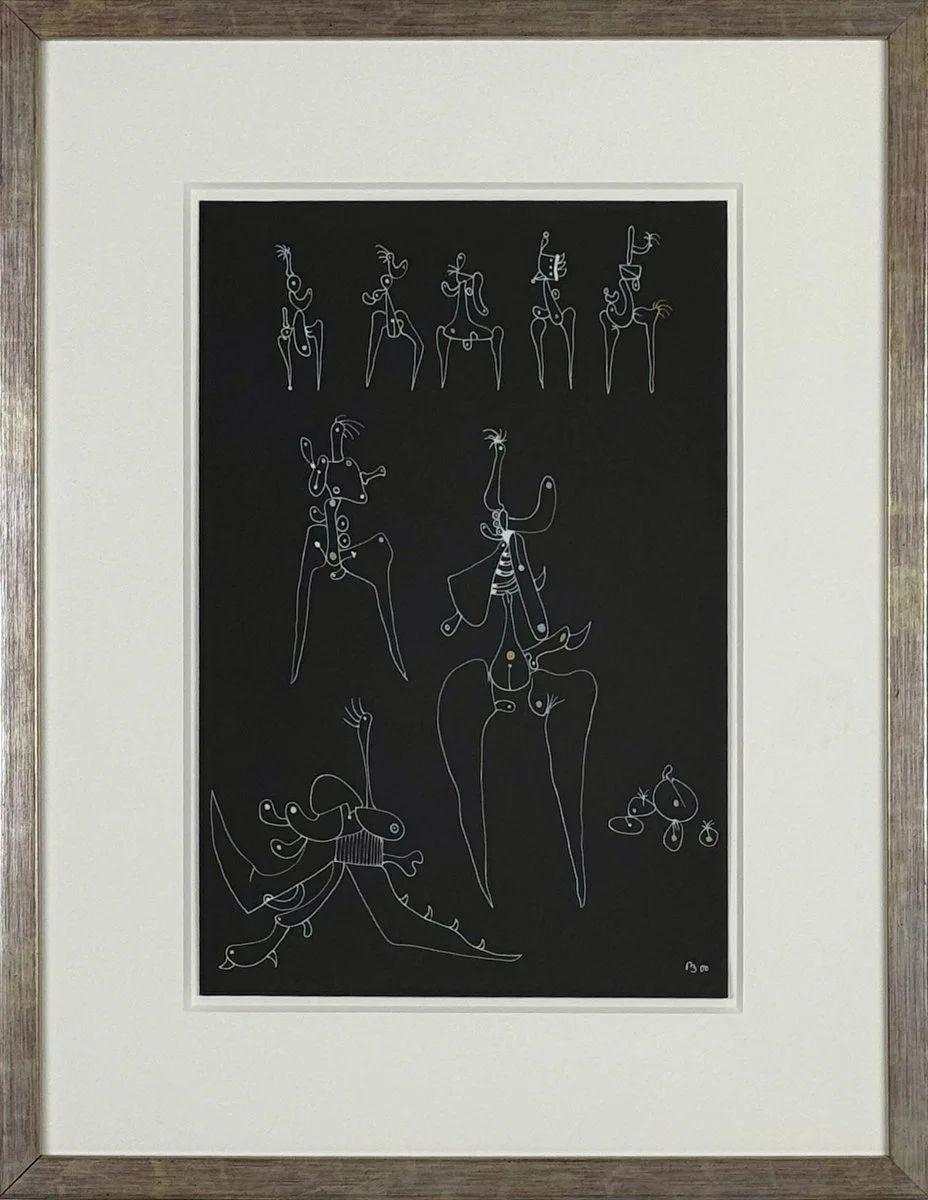 framed white line drawing on black paper