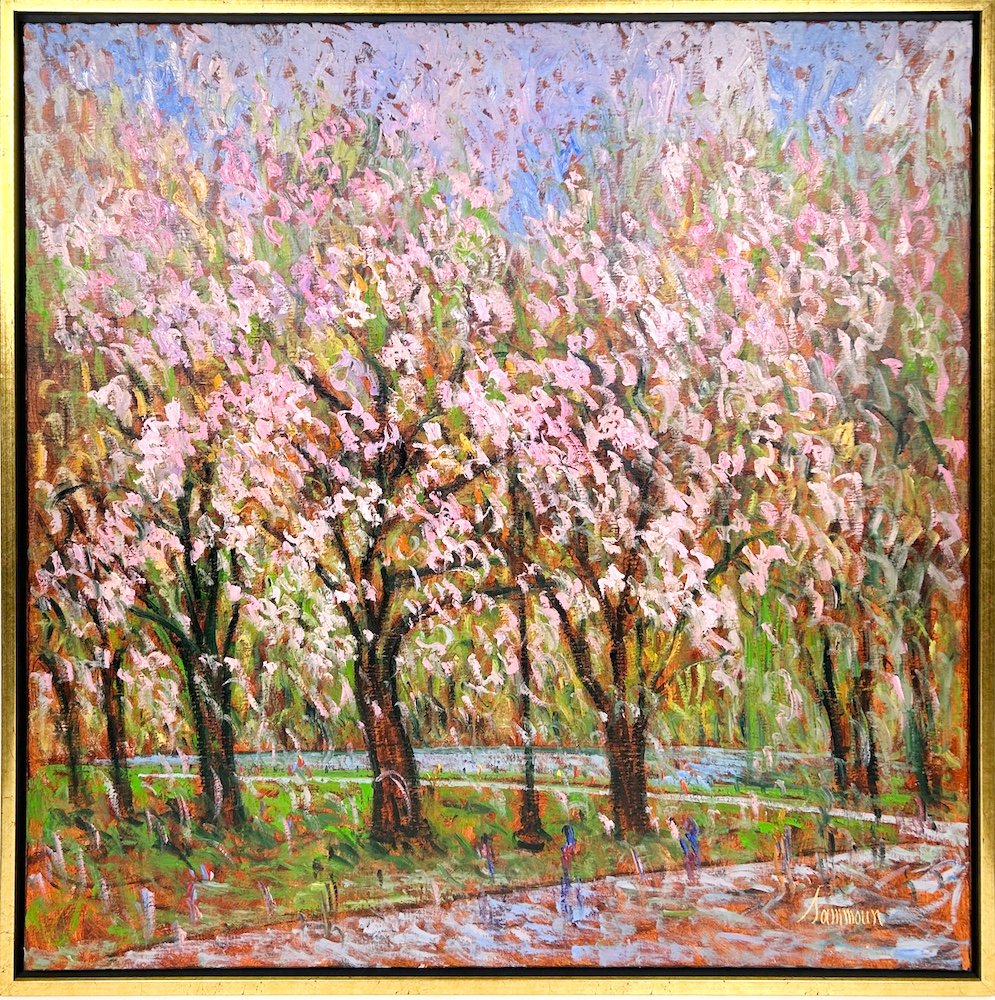 Samir Sammoun Cherry Blossoms, Boston Park, framed textured painting