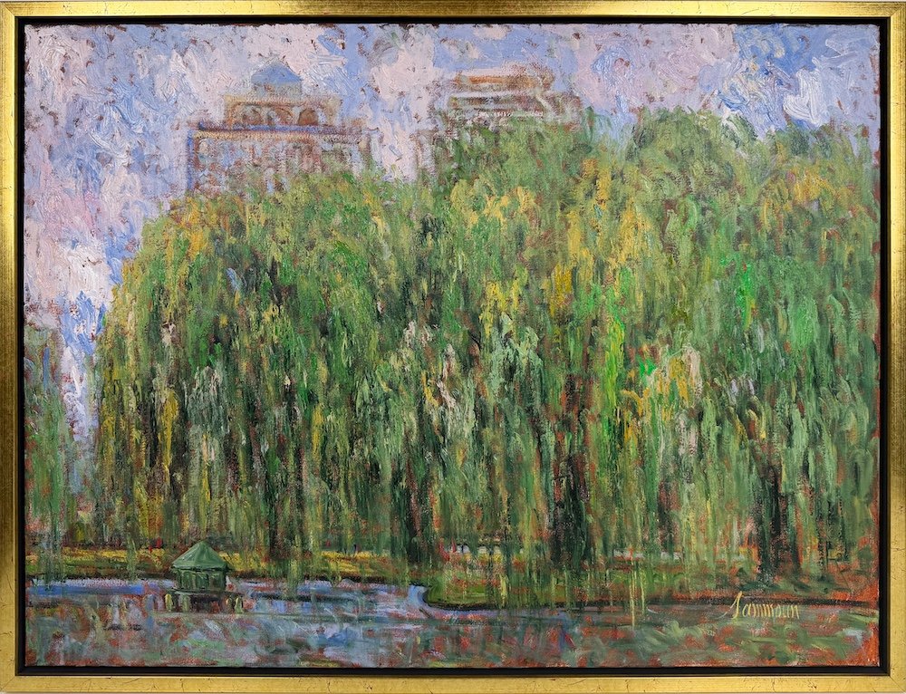 Samir Sammoun  Willows, Boston Park, framed, impressionist painting of willow trees in Boston Public Garden