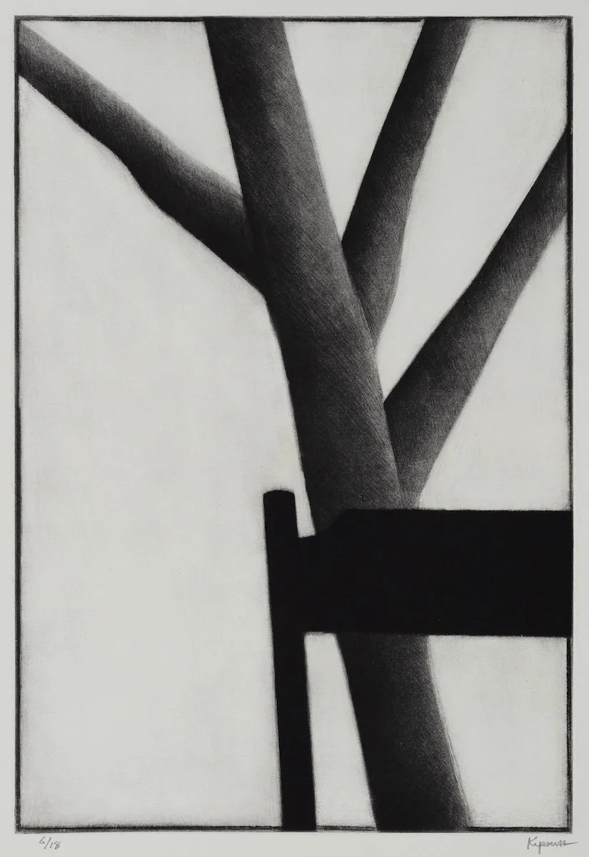 Robert Kipniss Chair & tree, black and white mezzotint of a black chair and tree behind it with solid white background