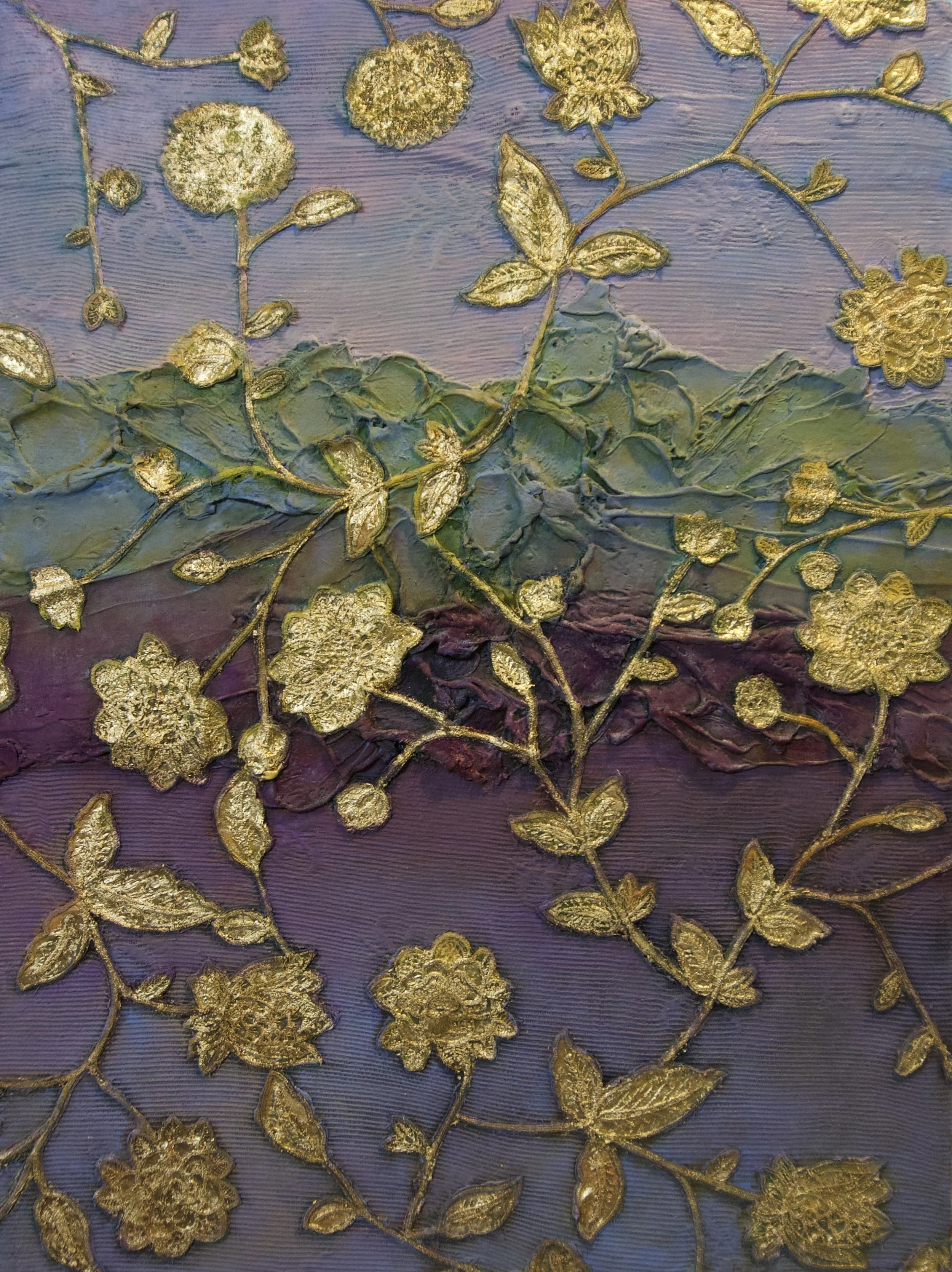Natasha Zupan Afterglow #5, mixed media work on wood with fabric 24k gold and oil paint in purples and green with a gold floral overlay