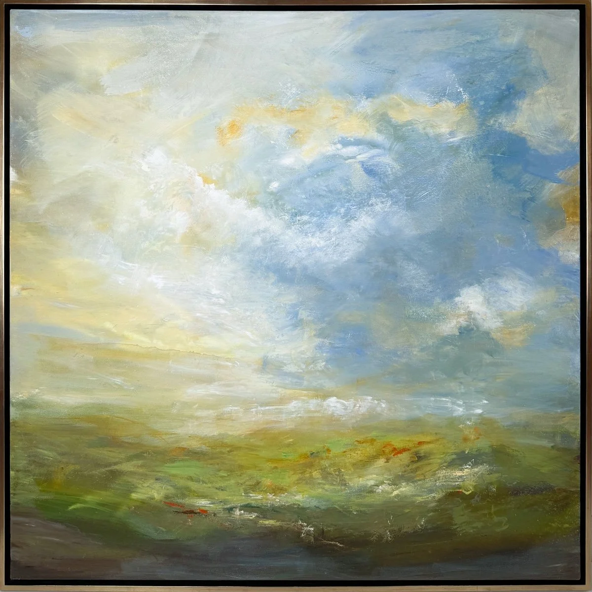 Kathy Buist, Whispers of the Winds, atmospheric abstract landscape, wispy clouds in sky, low horizon, layers of green on horizon, brown foreground