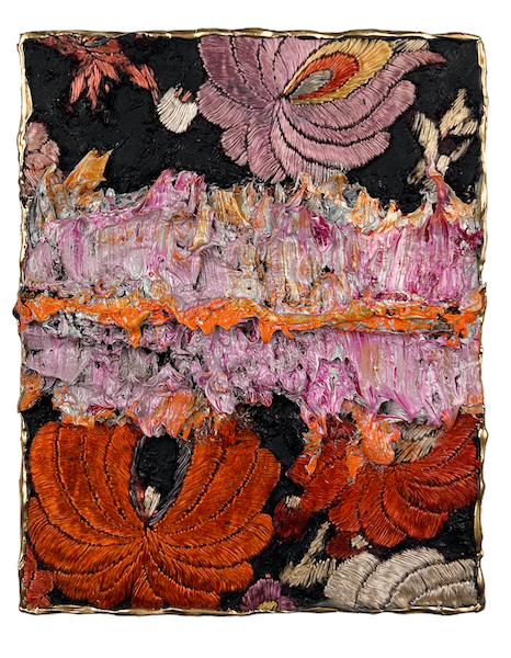 Natasha Zupan - Afterglow #27, mixed media collage with fabric, floral patterns and thick textured paint