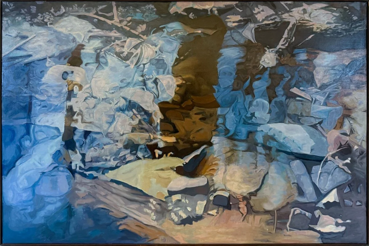 Ralph Wickiser The Rocks, abstract oil painting of a river stream with rocks and wood