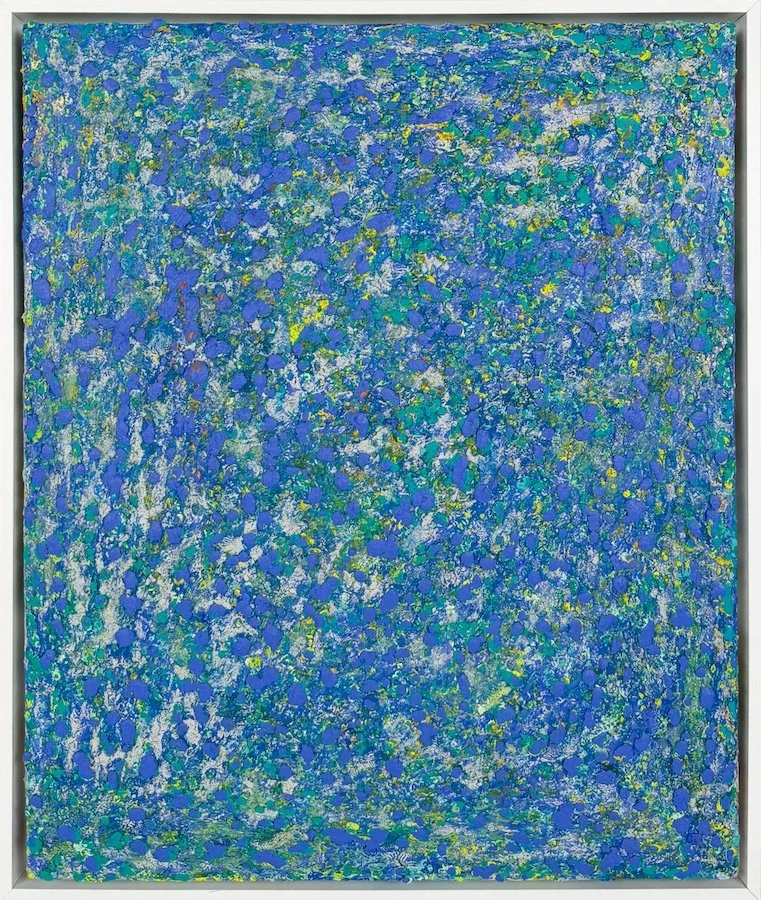 Susan Coley Evening Meditation: Poetry of the Earth, abstract oil painting in multicolor blue tones with thick texture