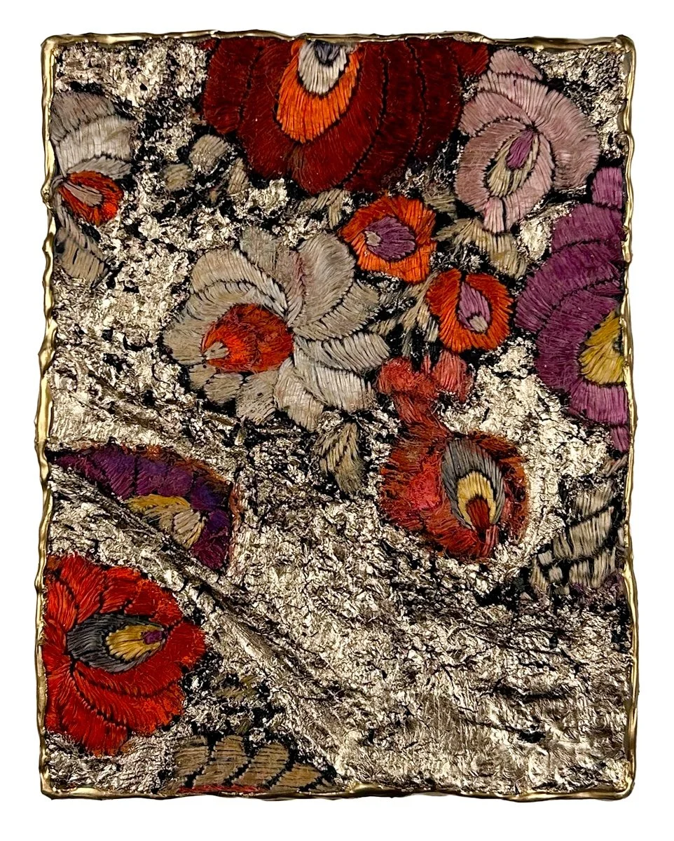 Natasha Zupan - Afterglow #22, mixed media collage with gold, fabric, floral patterns and thick texture