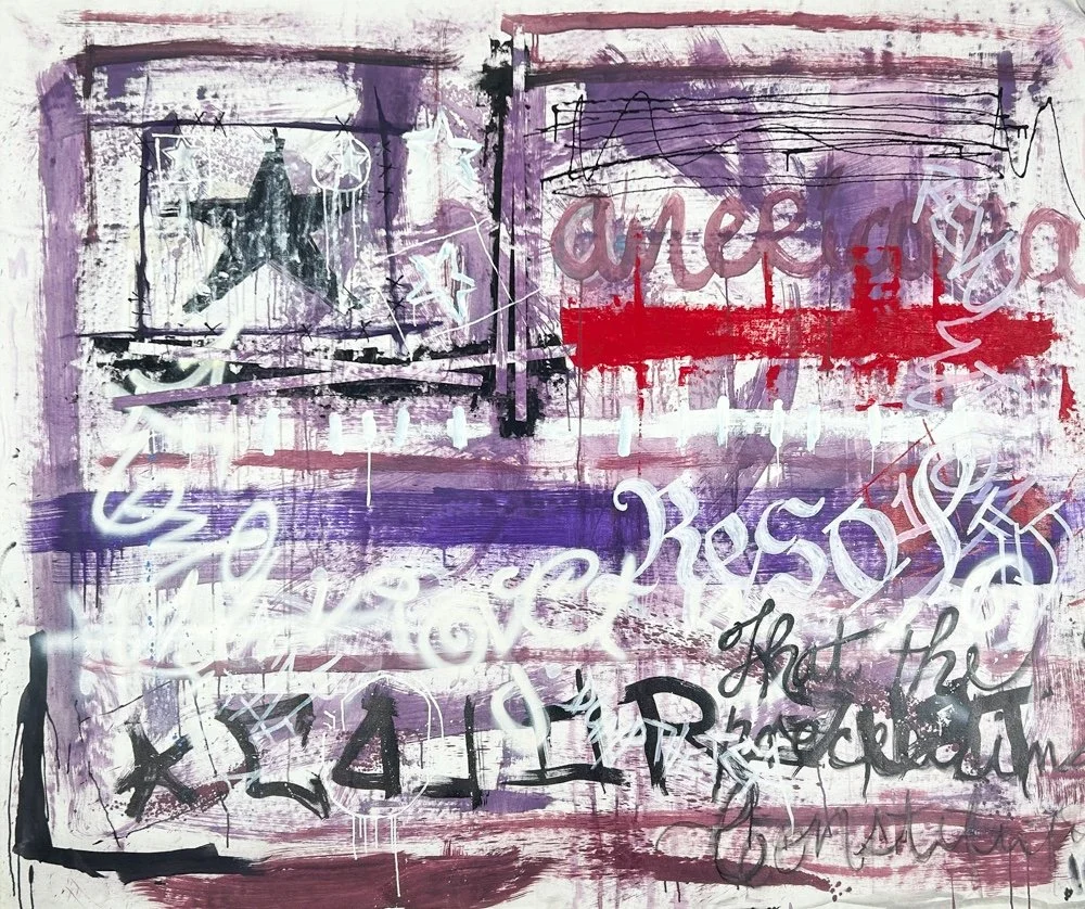 Sen-1 Resolved, abstract graffiti painting of the American flag in purple tones
