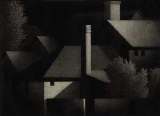 Robert Kipniss At Shire, dark black view of a house and trees