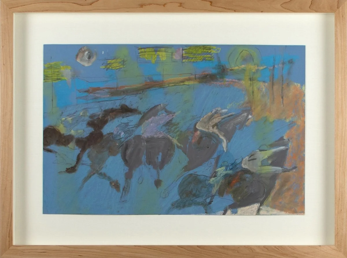 Stanley Boxer Untitled Figure Study (261D-61) framed,mixed media work on bright blue paper abstract figure study of jockeys and race horses