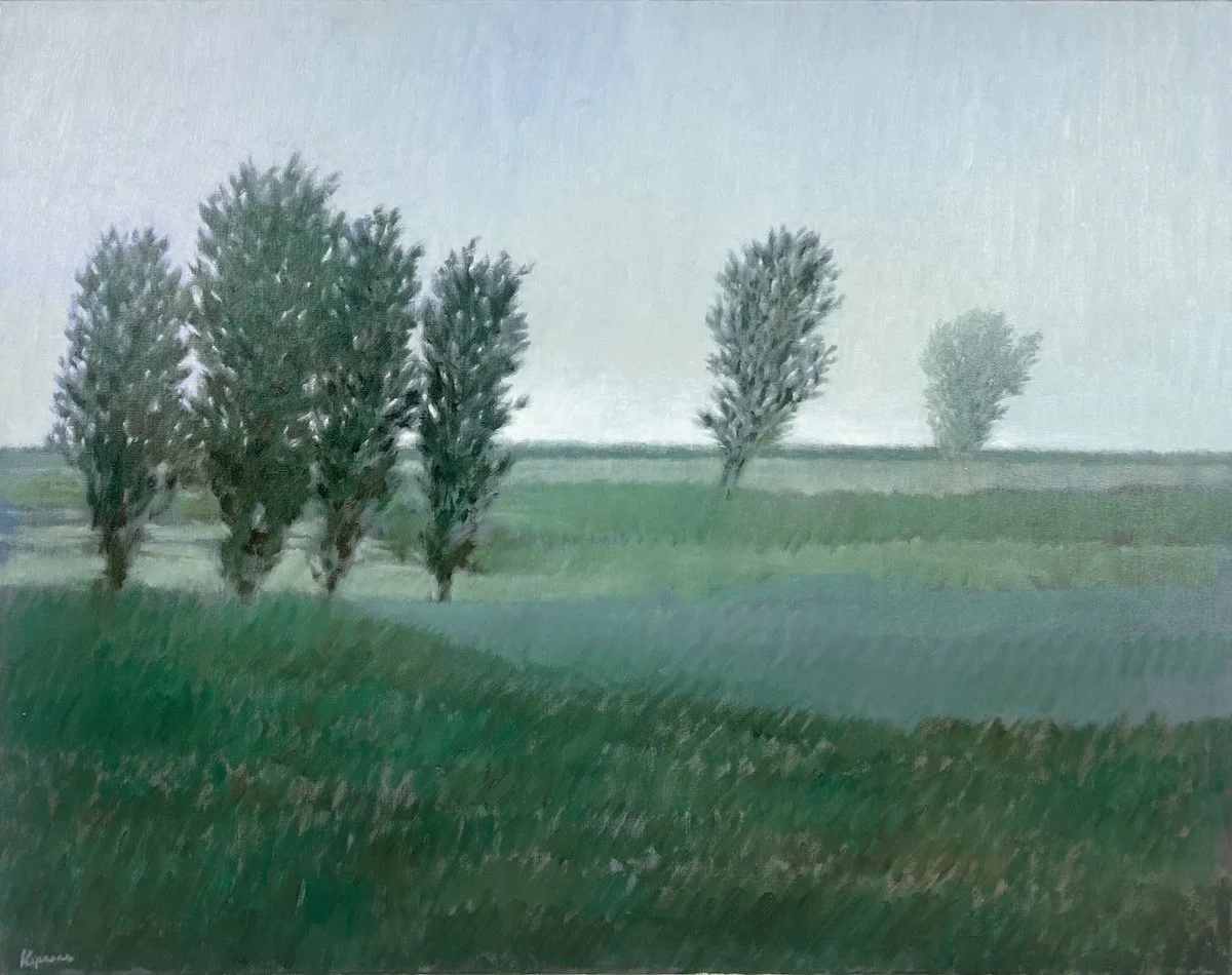 Kipniss, Robert - Near trees & distant hills - landscape painting with green and blue