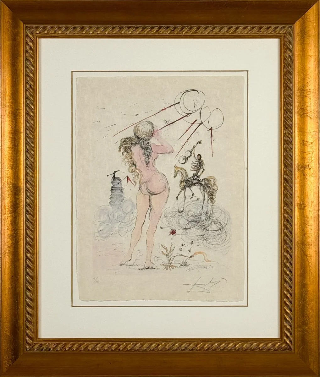 Salvador Dali, Woman Horse and Death, framed - nude women with long curly hair posed in front of a skeleton, holding up a guitar, riding a horse