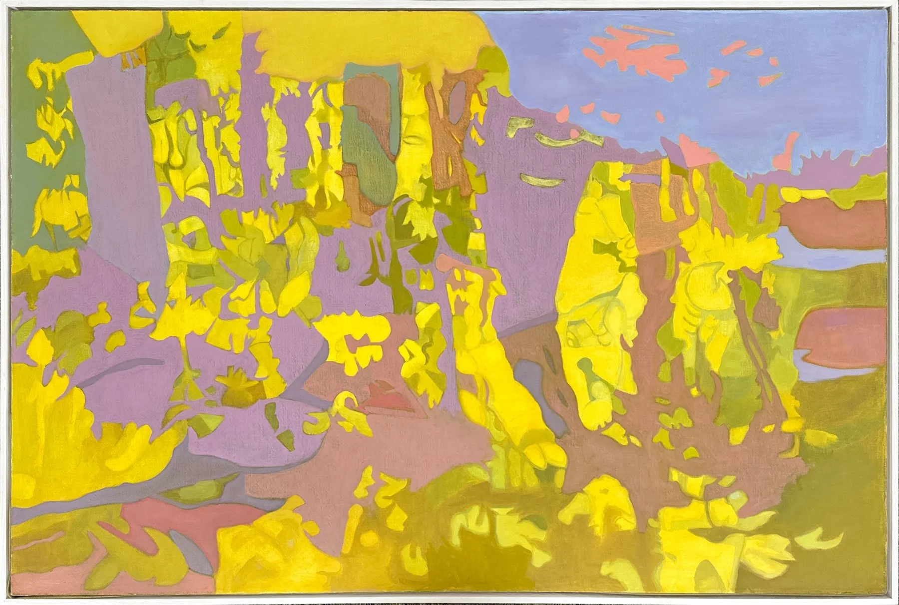Ralph Wickiser Hanging, abstract oil painting in neon yellow shapes with greens and pinks