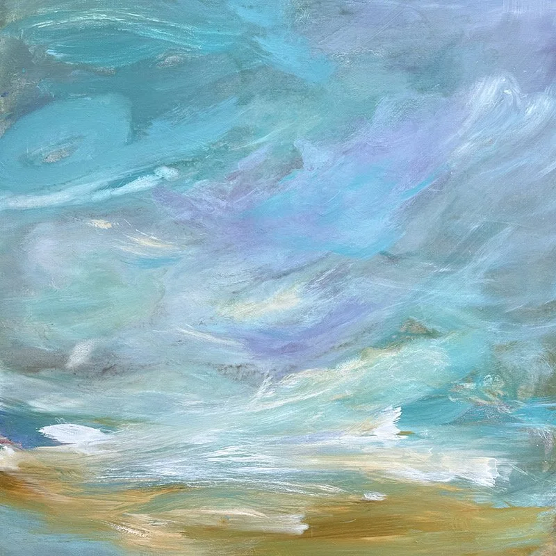 Kathy Buist As the Sky Opens, abstract atmospheric landscape painting with blues and a green brown streak on floor