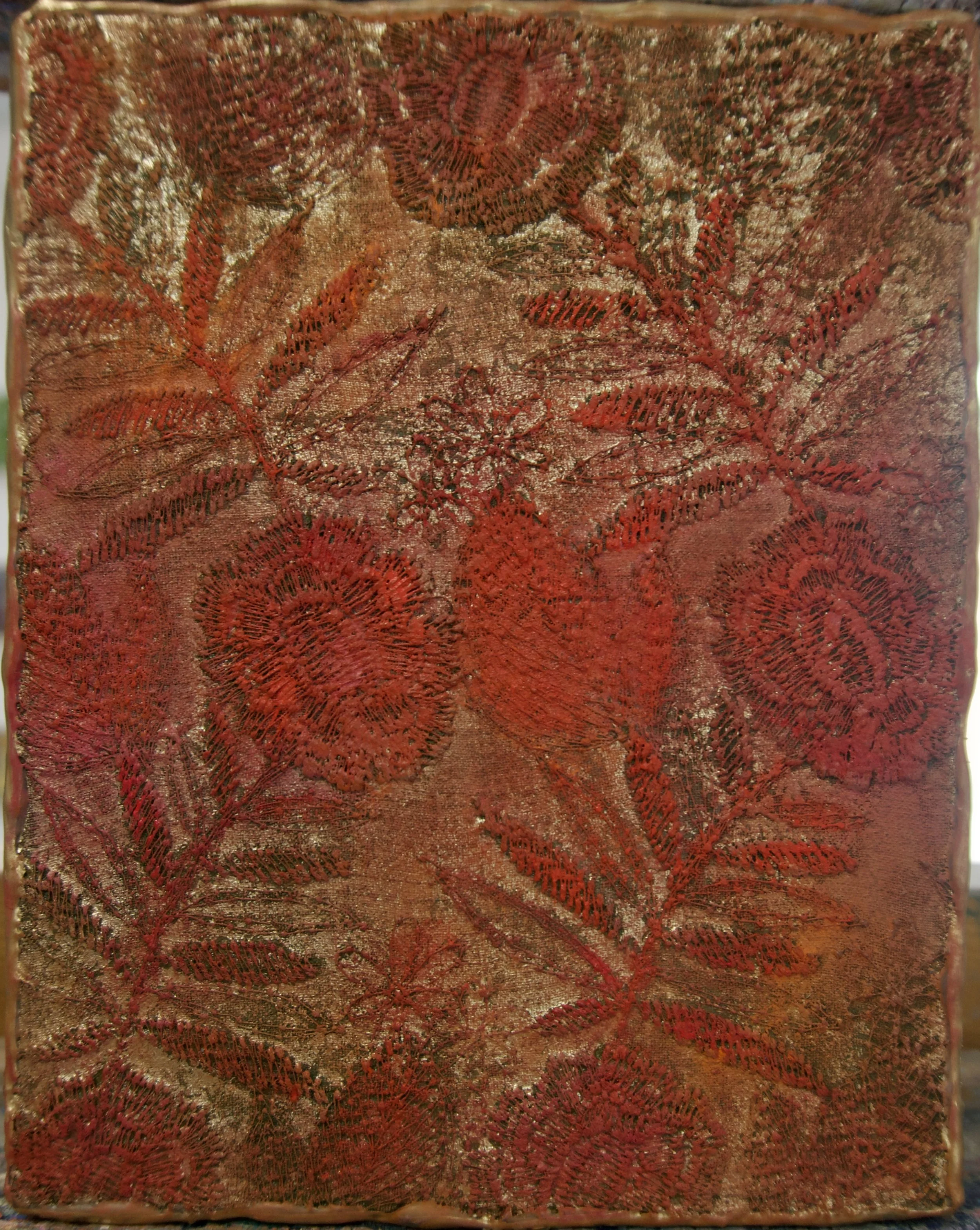 Natasha Zupan - Afterglow #40, mixed media collage with fabric, floral patterns in red with gold shimmer