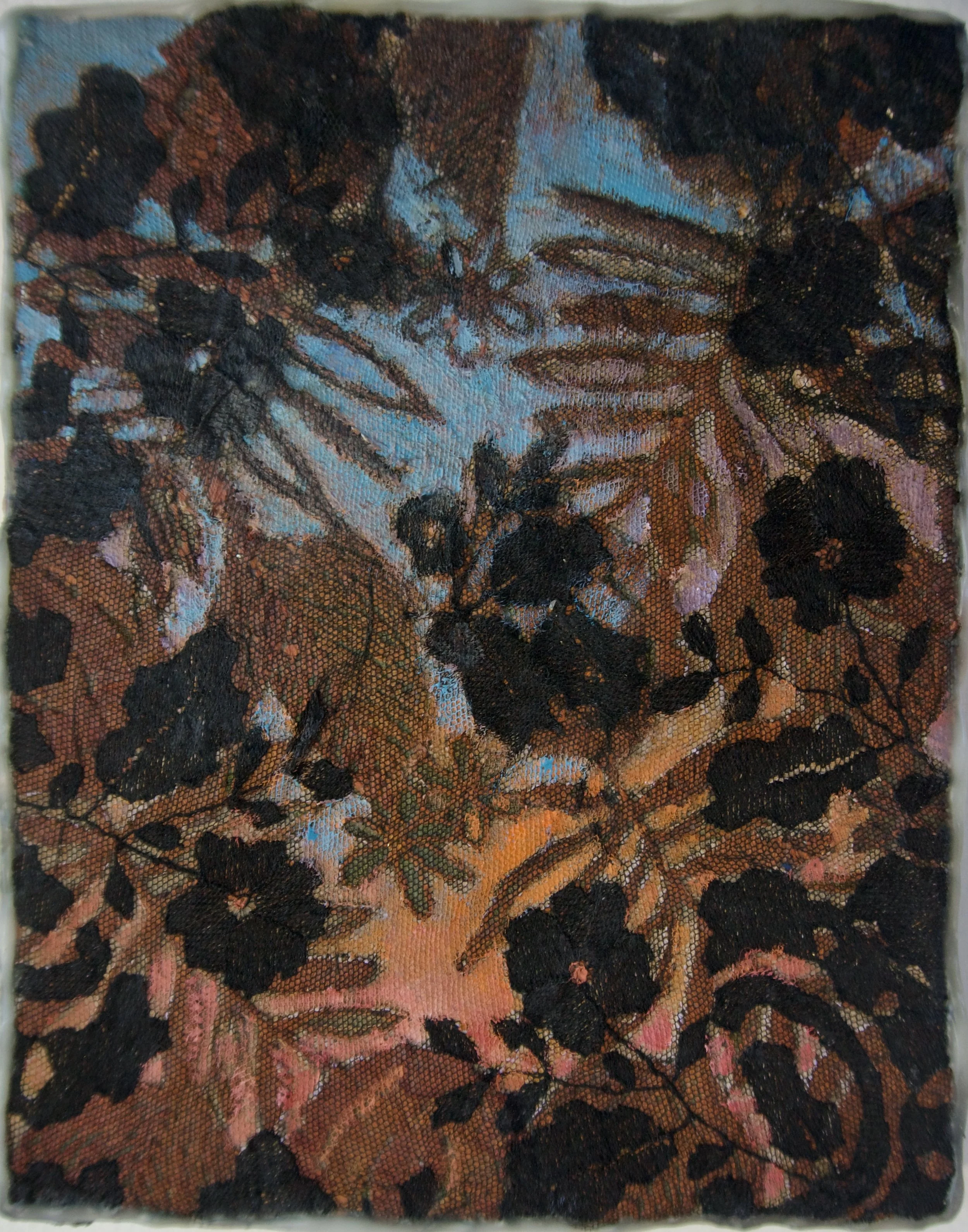 Natasha Zupan - Afterglow #19, mixed media collage with fabric, floral patterns