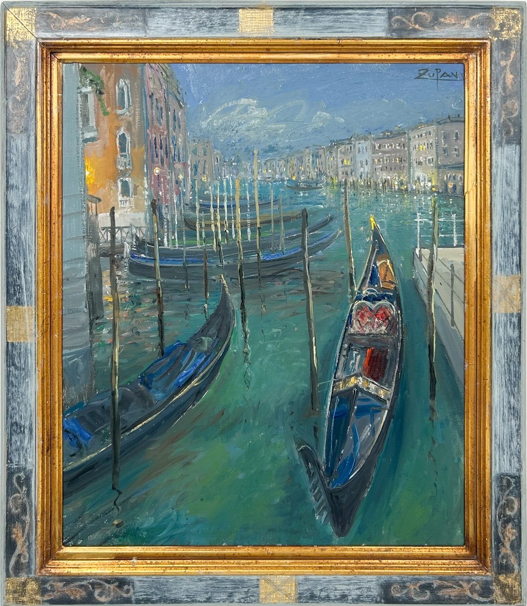 Bruno Zupan - Two Gondolas in Venice, impressionist painting of gondolas on the water in Venice at night