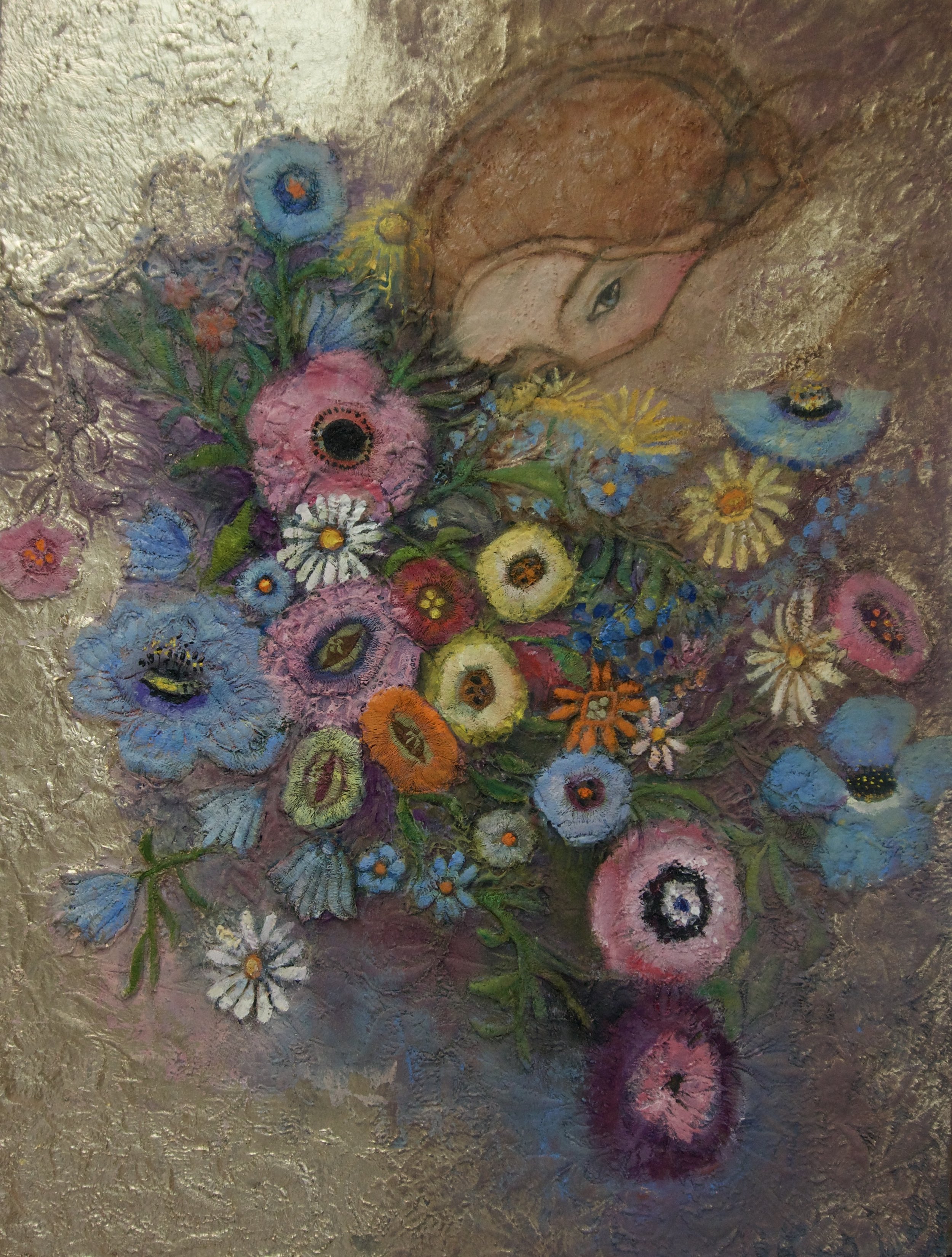 Natasha Zupan - Afterglow #4, mixed media collage with gold, colorful flower bouquet in center with the top of a woman's head