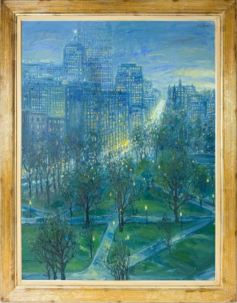 Bruno Zupan Evening in Boston, framed impressionist style oil painting of a night city scene overlooking Boston Public Garden and Boston city buildings