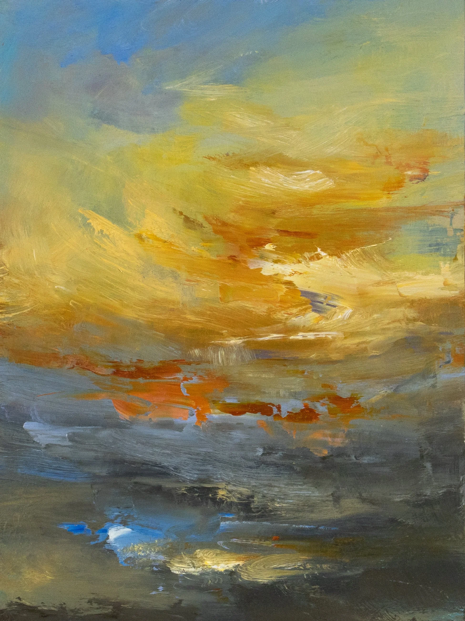 Kathy Buist - The Light Between - abstract oil painting on panel, vibrant orange yellow sunset over brown lanscape