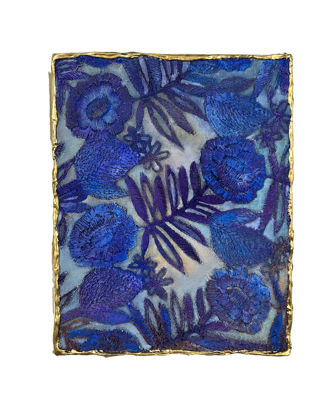 Natasha Zupan - Afterglow #66, mixed media collage with, fabric, floral patterns and thick texture in deep blue