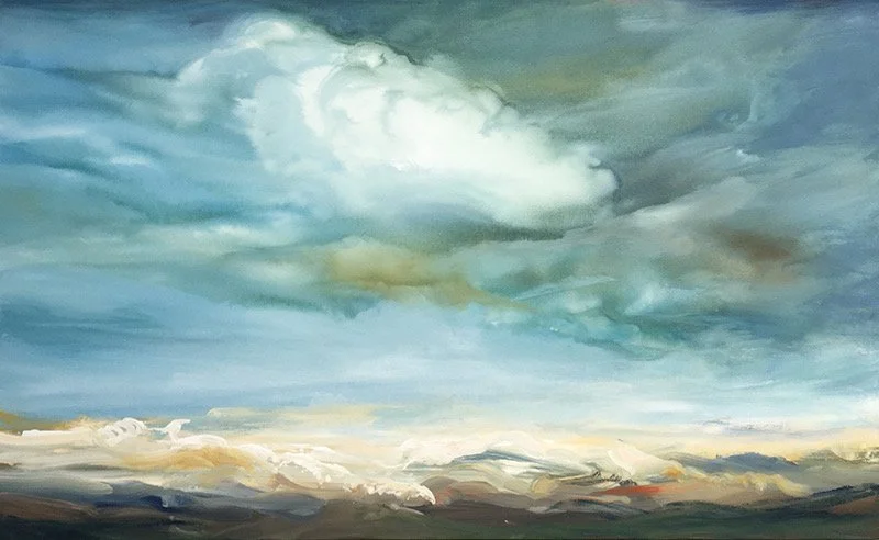 Kathy Buist After the Rainstorm, abstract horizontal landscape of a horizon line on hills and mountains with an unsettled rainstorm sky above