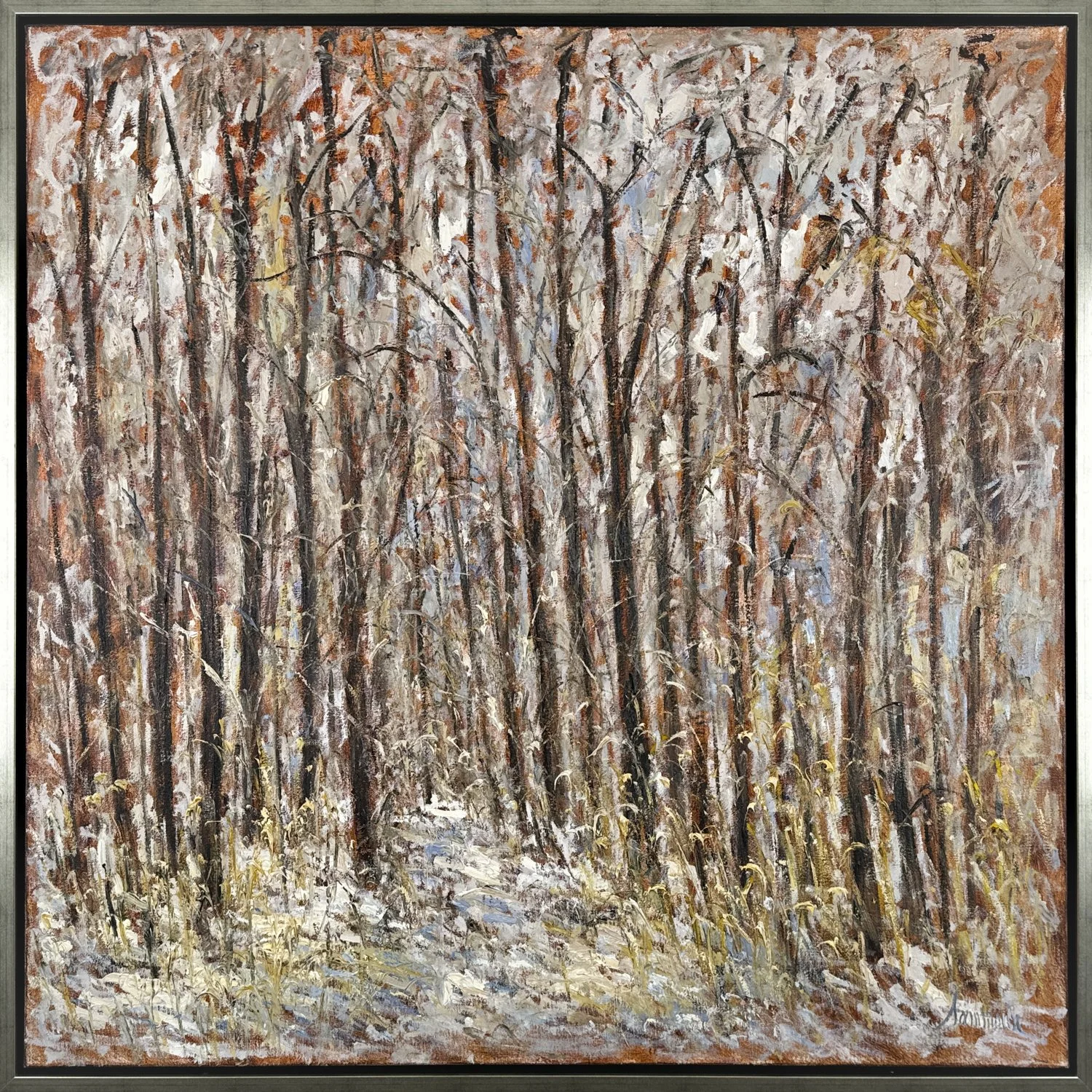 Samir Sammoun Promenade Parc Rhone, Hiver, impressionistic landscape of trees in a winter landscape, browns, whites, yellows