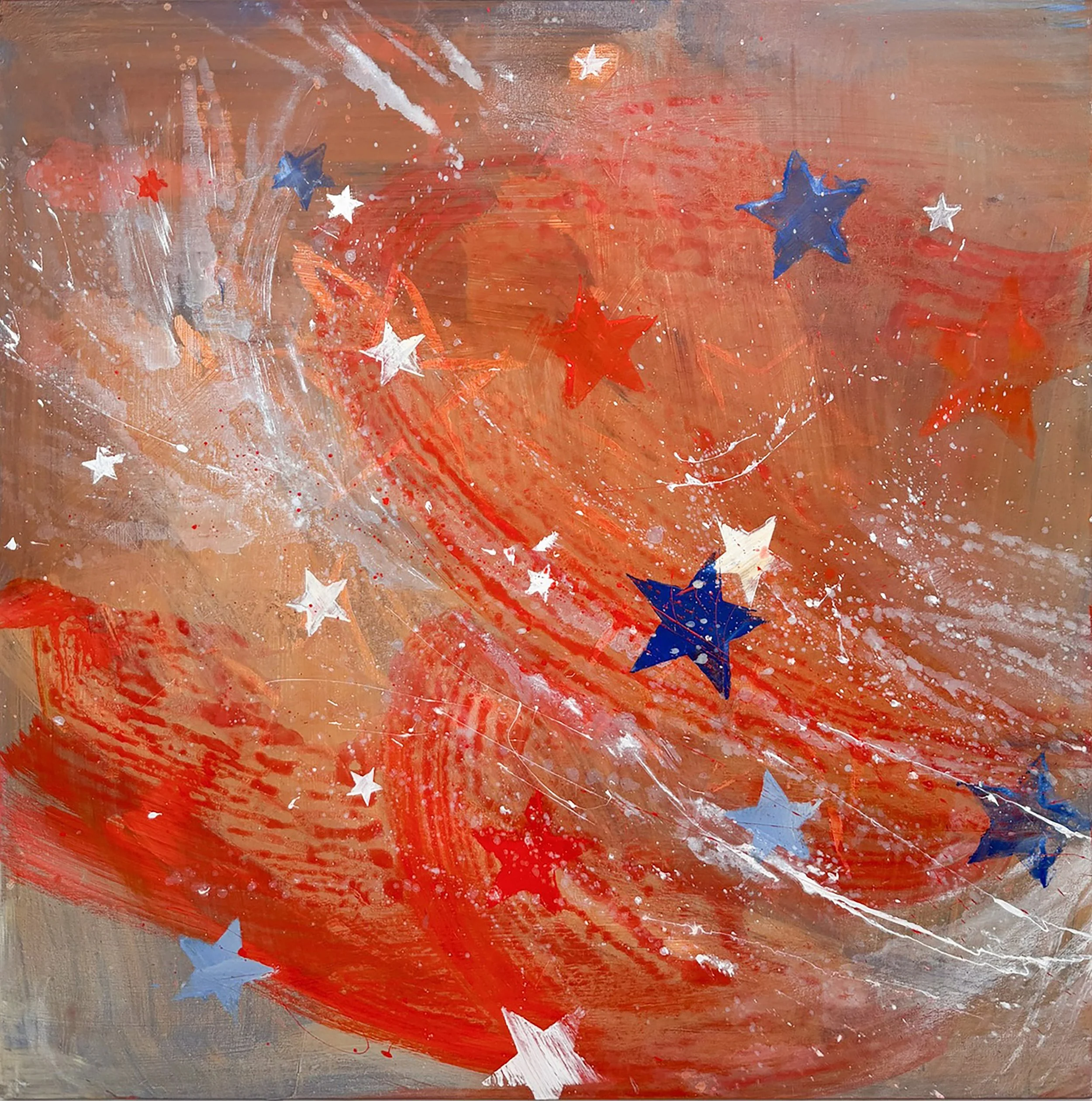 Kathy Buist  American Dream, USA patriotic themed abstract painting with red white and blue stars