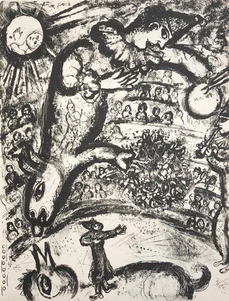 Marc Chagall Le Cirque M.526, black and white lithograph of a circus scene, crowds in stands, circus animal and things flying through the air