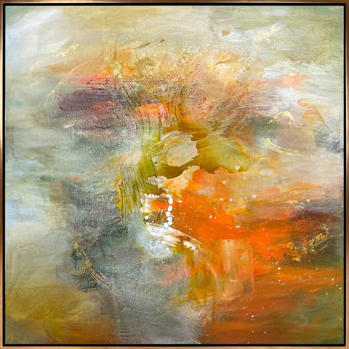 Kathy Buist Unfolding- abstract painting with brushstroked and splotchy color in shades of yellow green and bright orange with flakes of gold lead
