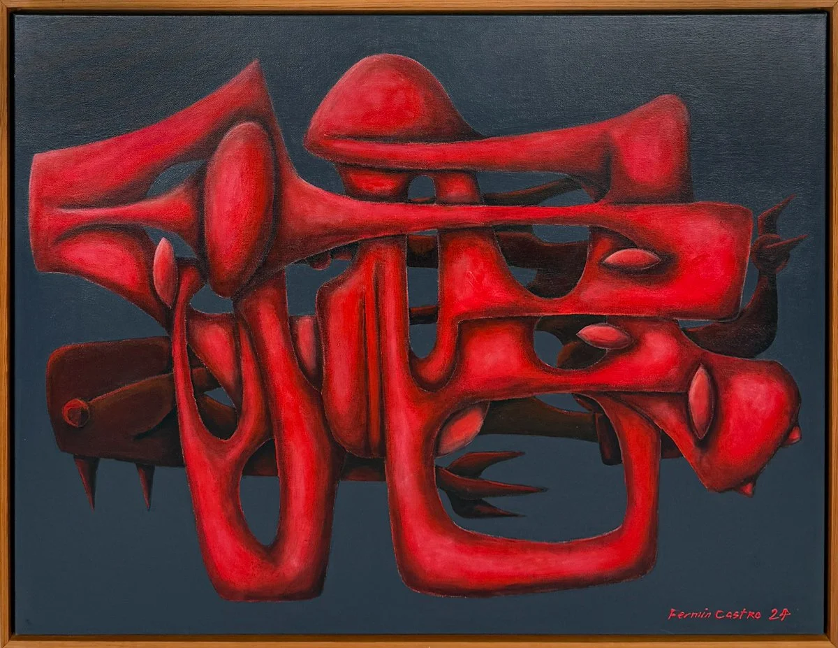 Fermin Castro  Geometry with Fruits and Shadows abstract surrealistic composition, tube-like forms in bright red on a dark grey background