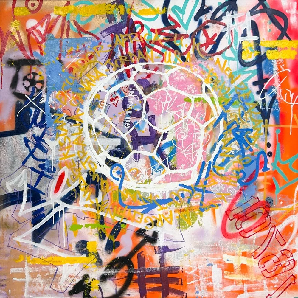 Sen-1 Champion, abstract graffiti style painting with soccer themes