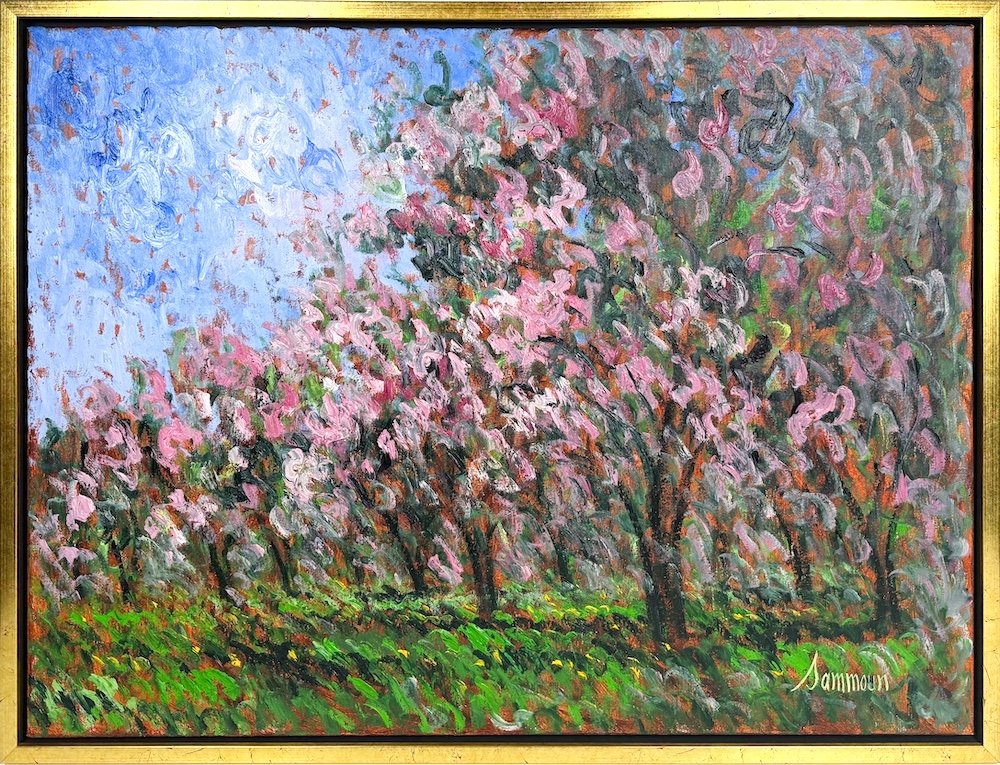Samir Sammoun  Cherry Blossom, framed, impressionist oil painting of pink cherry blossom trees in a green field with blue sky