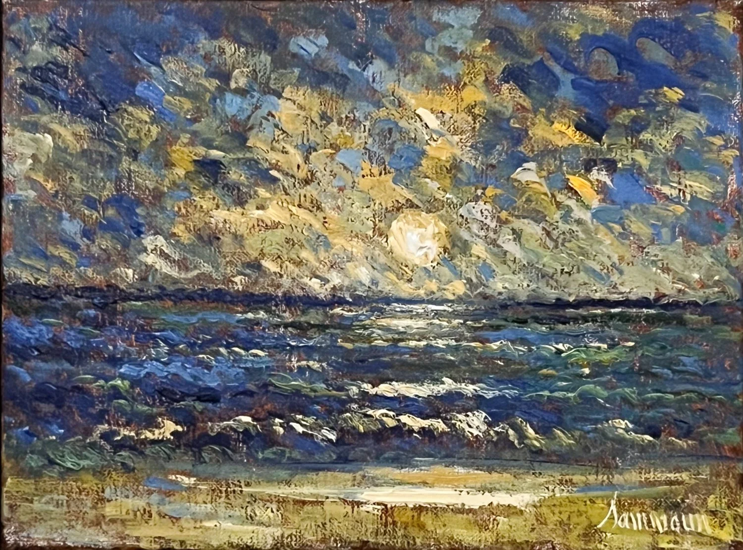 Samir Sammoun  Lever du Soleil, impressionist style oil painting of a sun rising over the seashore