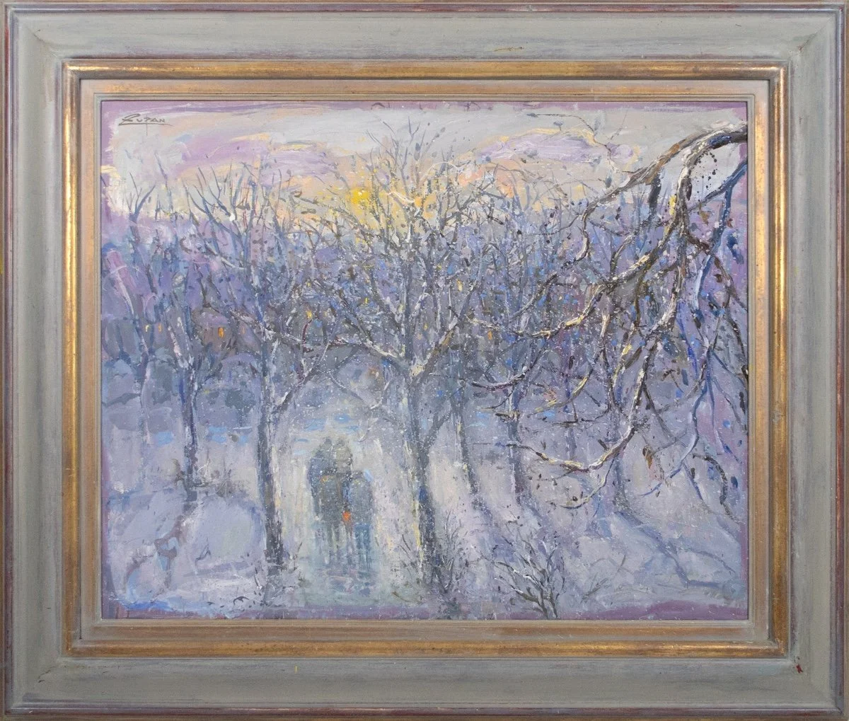 Bruno Zupan Winter Silence, impressionist landscape, snowy path and trees, sun in distance, people walking in distance