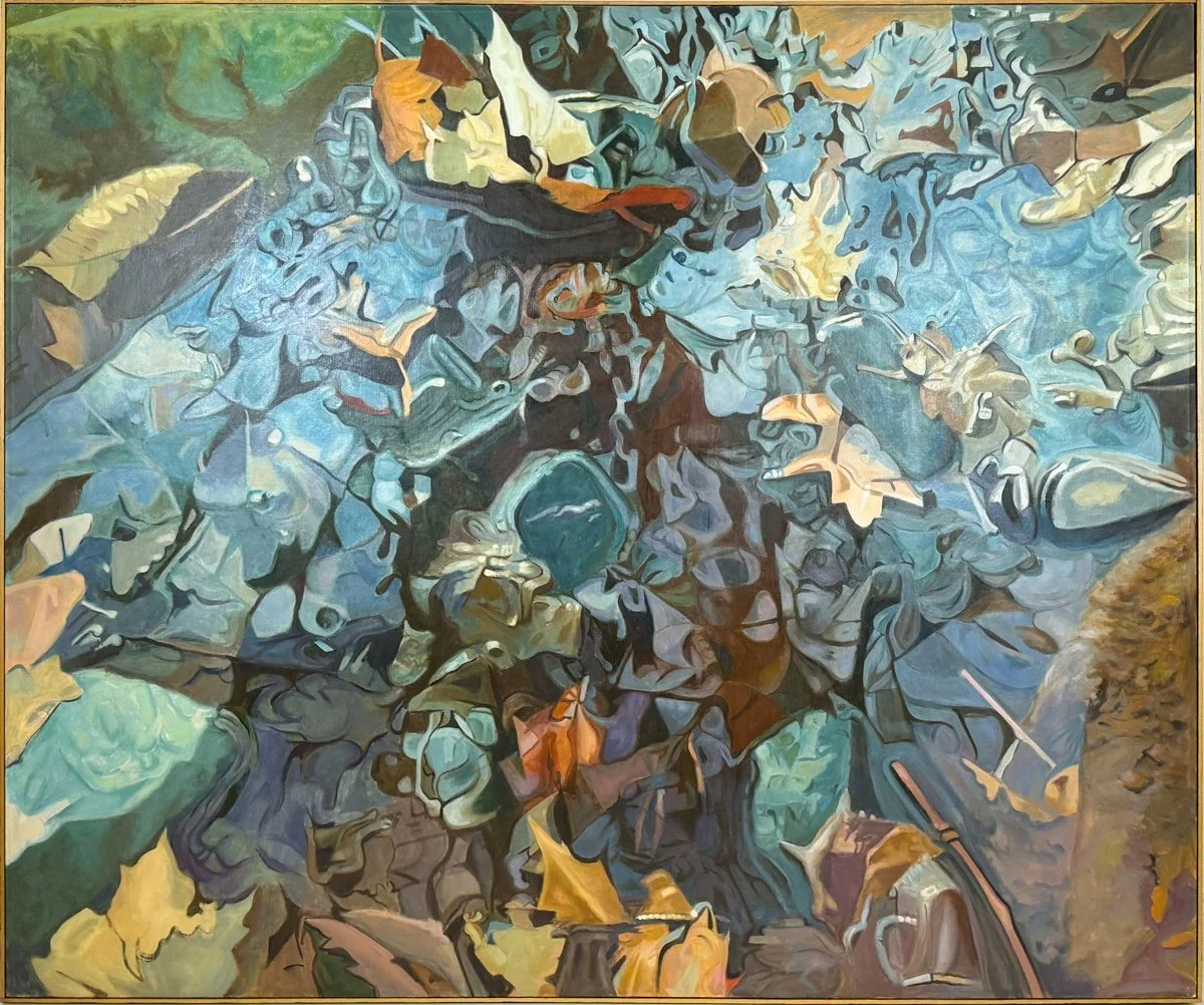 Ralph Wickiser Rising, abstract oil painting looking down into a river stream with rocks and leaves