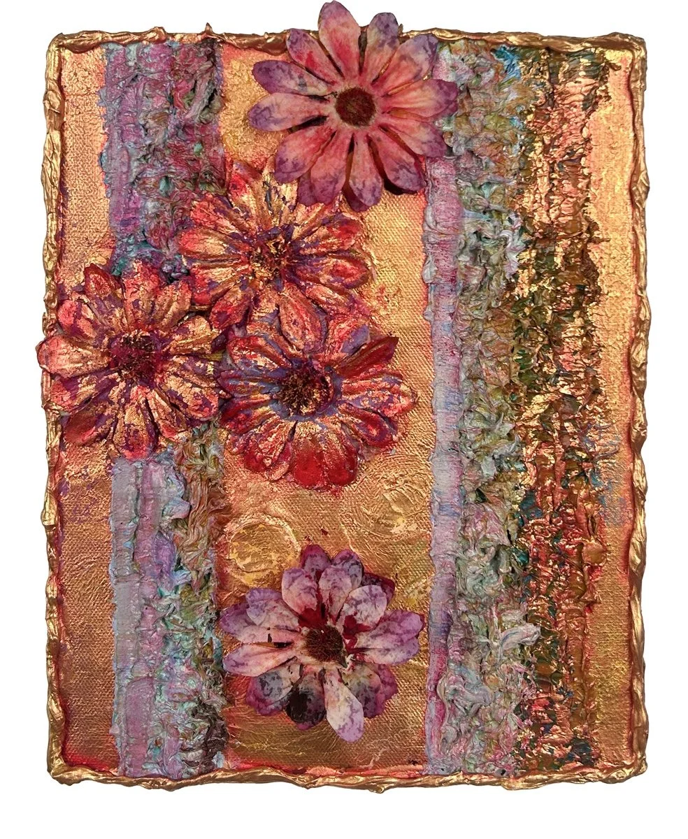 Natasha Zupan - Afterglow #60, mixed media collage in deep blue and purple, fabric, floral patterns and texture