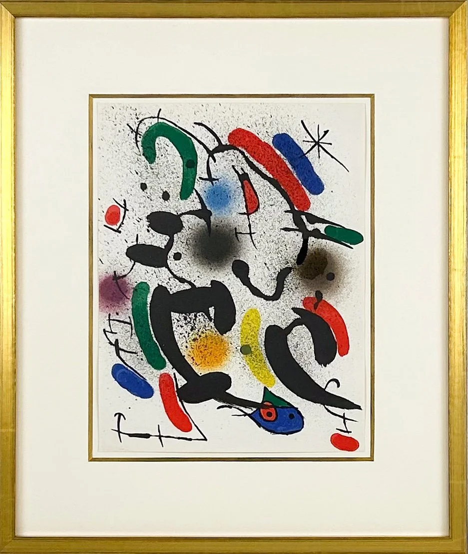 Joan Miro Lithograph in color with abstract shapes dots lines and stars