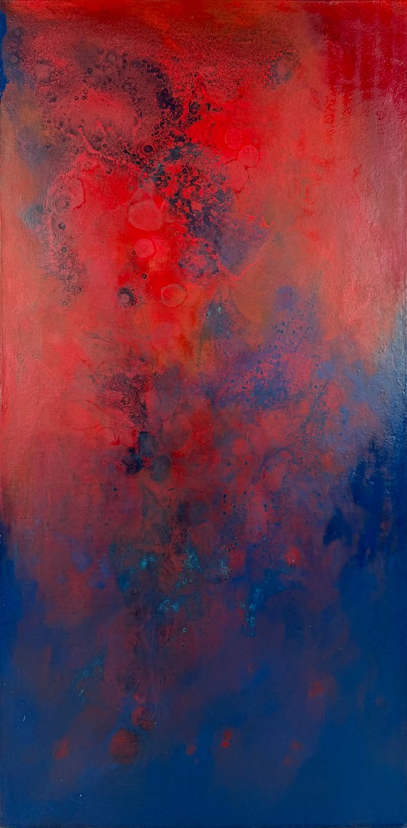 Kobayashi Elephant Flying - abstract atmospheric oil painting in dark blue and vibrant red