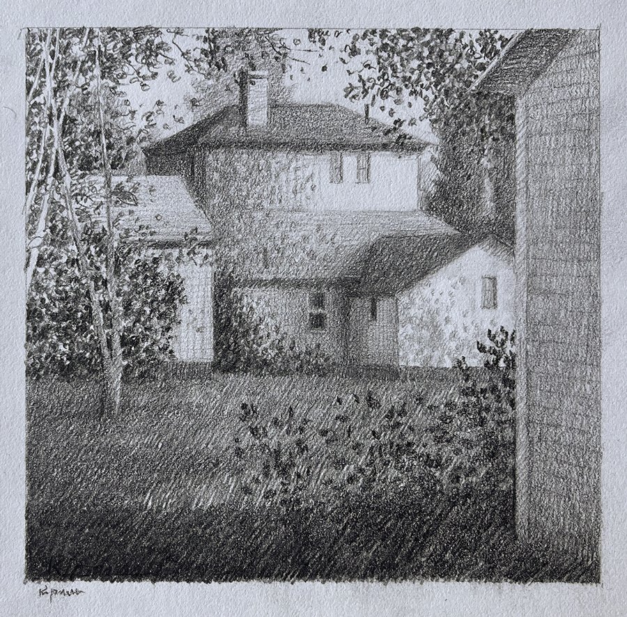 Robert Kipniss Backyard, graphit drawing on paper of a backyard grass and trees and back view of a house