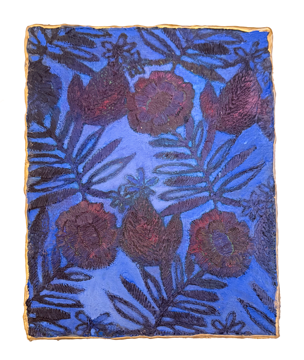 Natasha Zupan - Afterglow #22, mixed media collage in deep blue and purple, fabric, floral patterns and texture