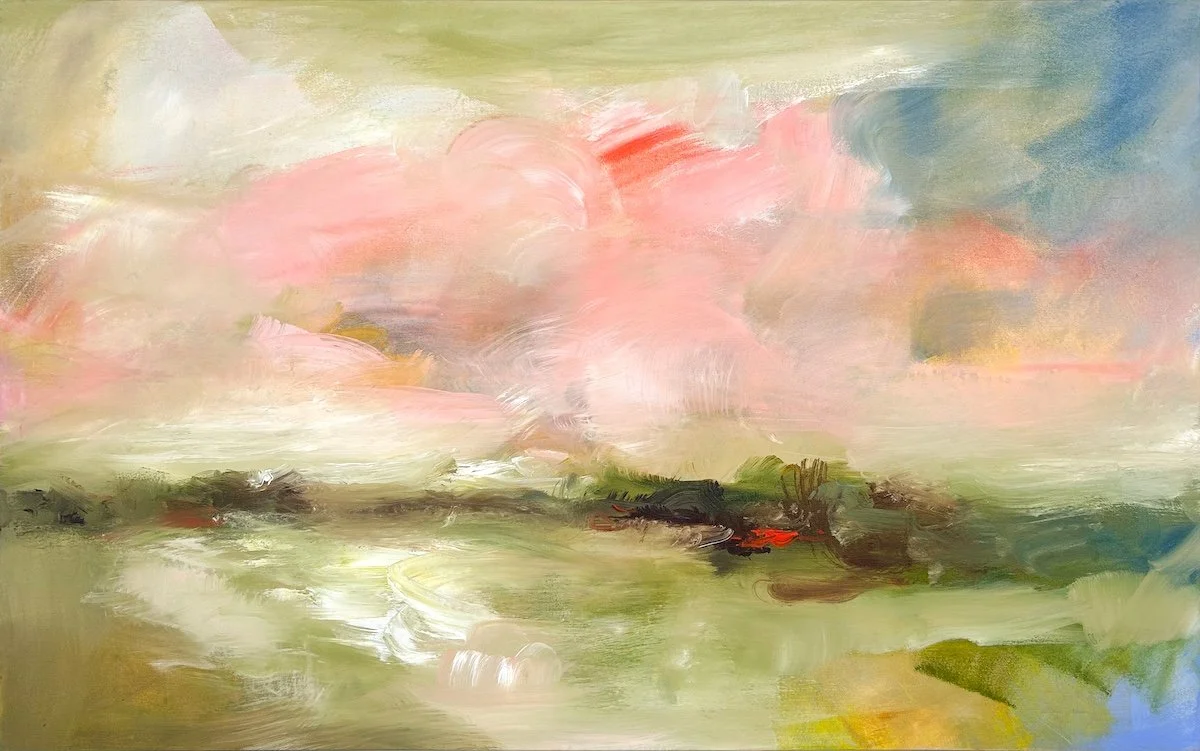 Kathy Buist Renewal, mixed media abstract painting in multicolor with large pink section in the center