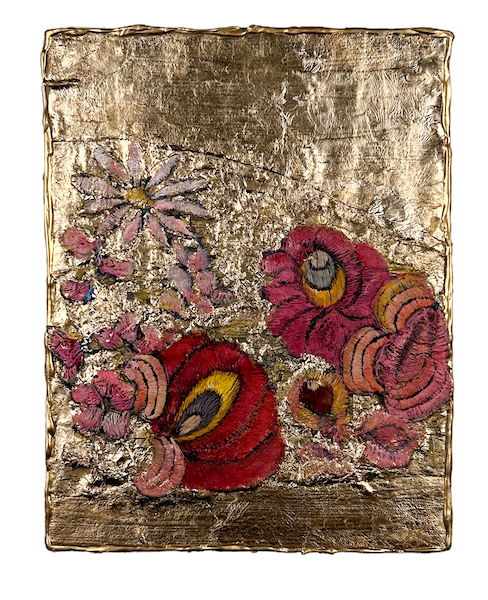 Natasha Zupan - Afterglow #25, mixed media collage with fabric, floral patterns and gold