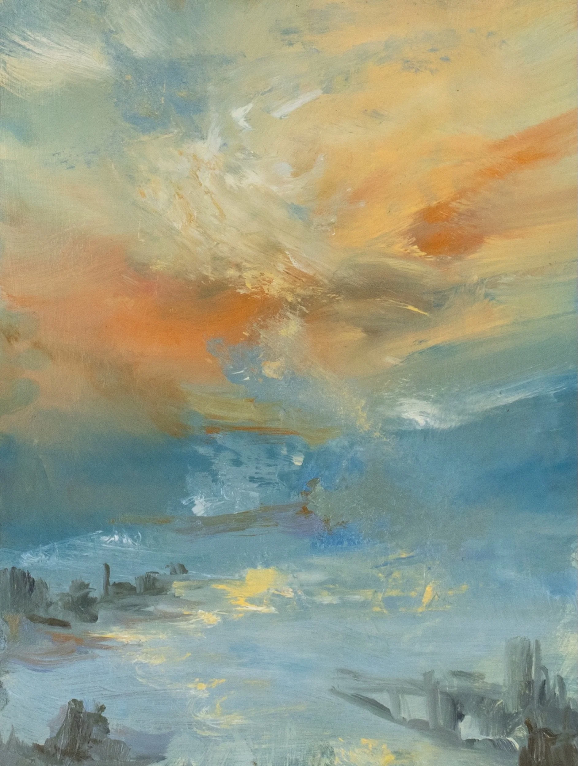 Kathy Buist Changing Skies, atmospheric abstract landscape , blue horizon and orange clouds