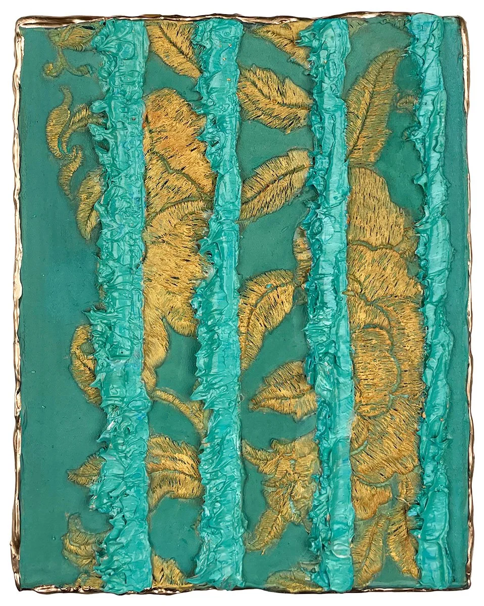 Natasha Zupan Folding Light #12, abstract mixed media work on canvas with thick teal stripes of paint and gold florals underneath