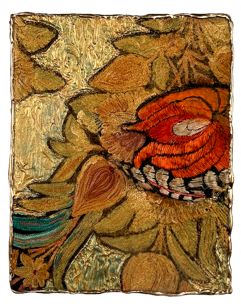 Natasha Zupan - Afterglow #34, mixed media collage with fabric, floral patterns and thick textured paint mostly in gold