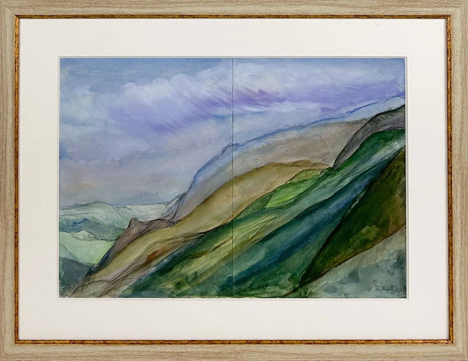 Natasha Zupan - Afterglow #42, watercolor hill landscape, framed