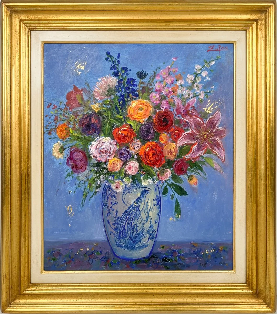 Bruno Zupan Bouquet on Blue Ground, Blue Pot impressionist oil painting still life of a colorful flower bouquet on cornflower blue background