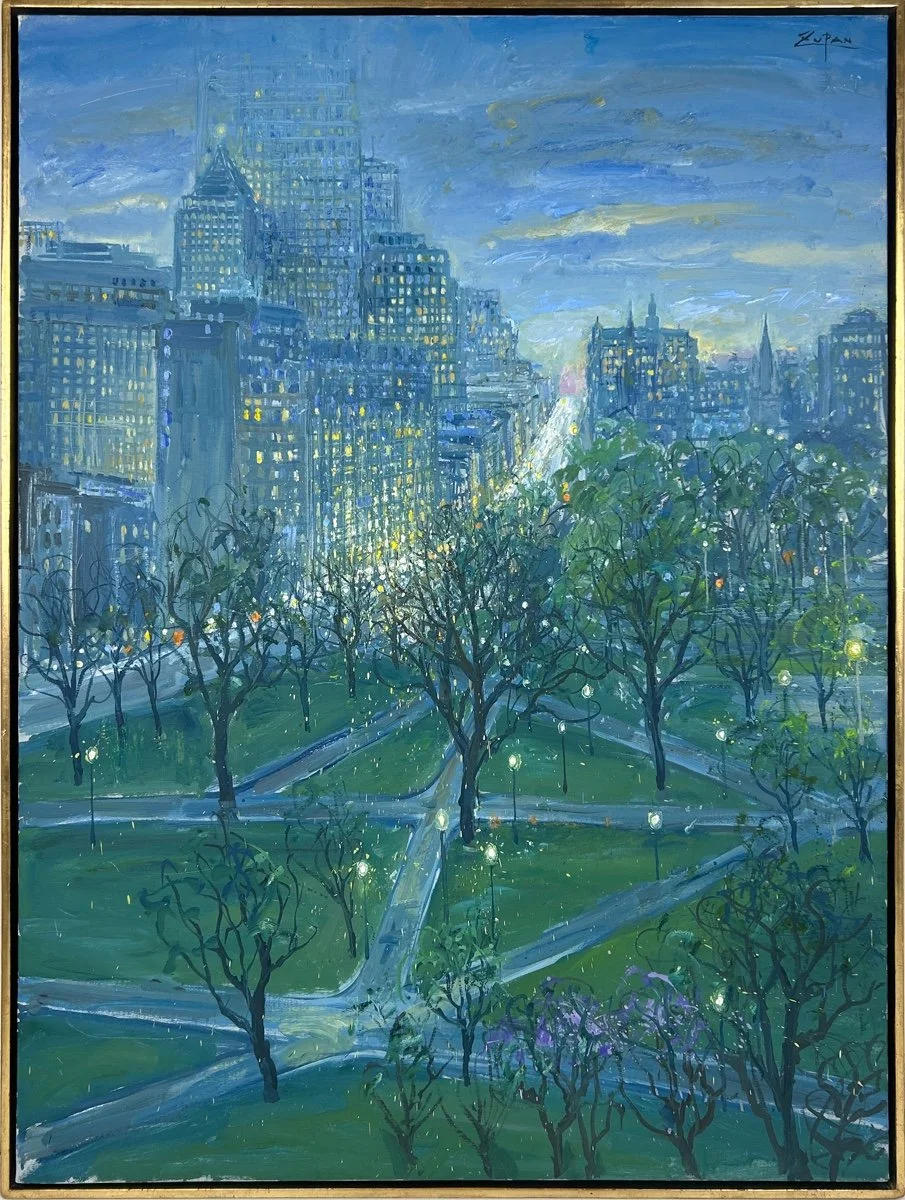 Bruno Zupan - View of Boylston Street and Public Garden, framed impressionist oil painting of a night scene of Boston view of the city buildings over the public park and garden