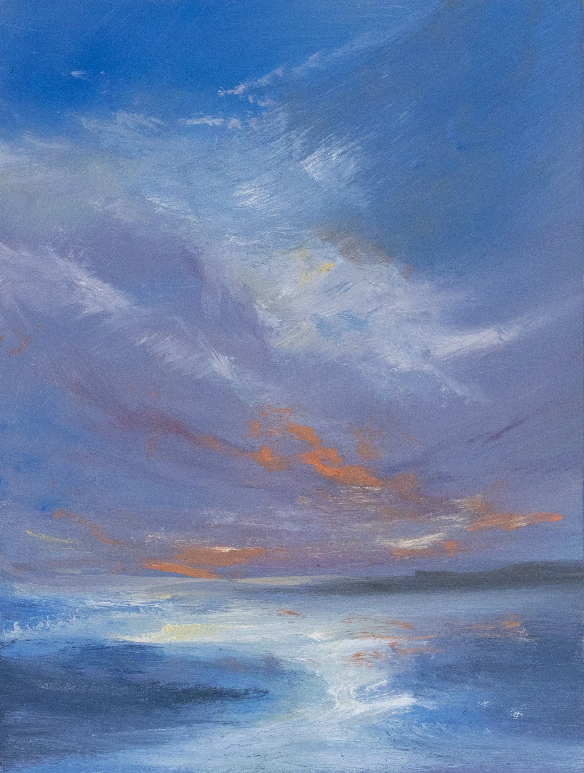 Kathy Buist - Evening Light - abstract oil painting on panel, evening sunset over the ocean, in deep blues, purples with pops of orange and white